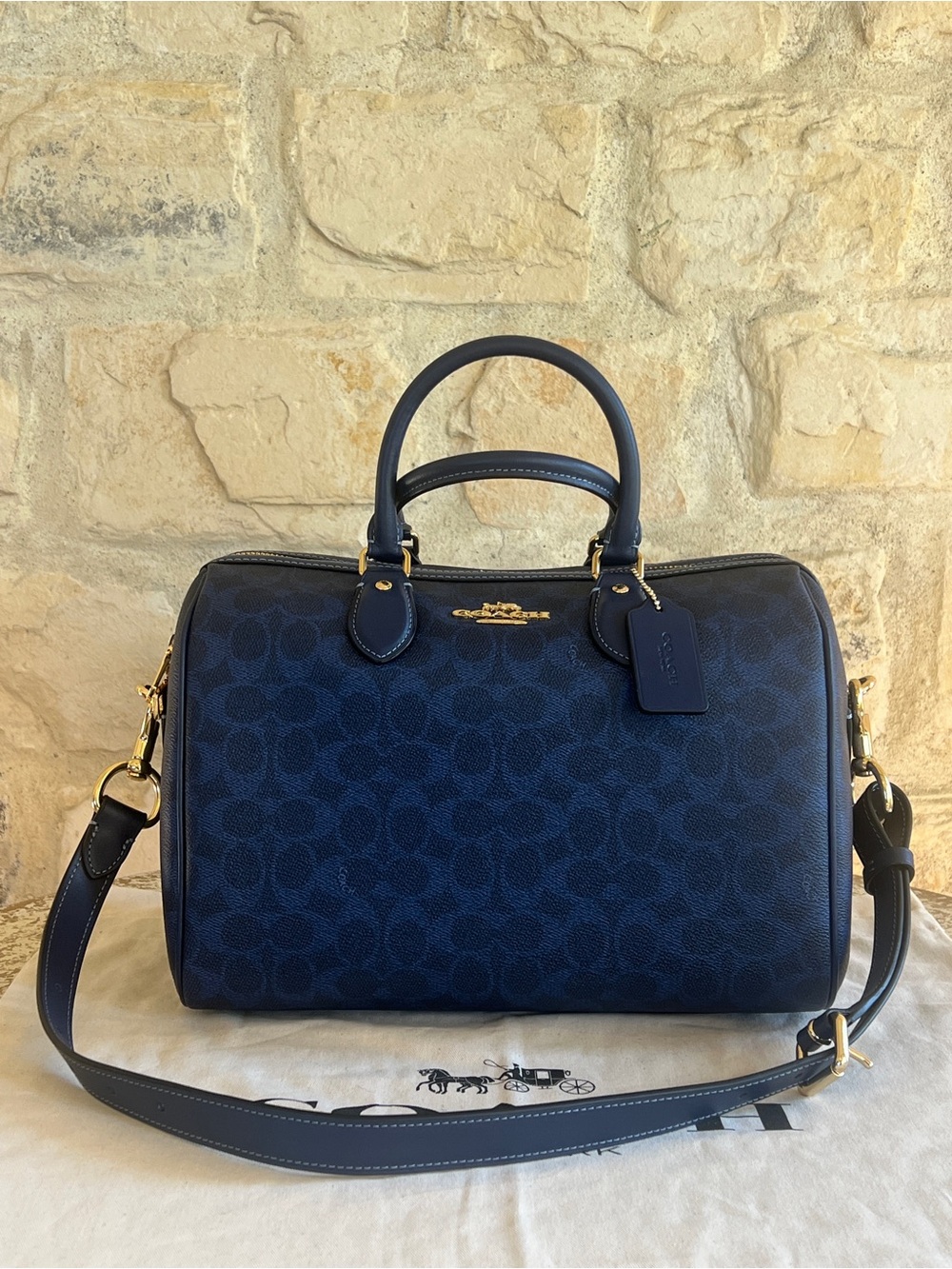 Coach Navy Signature Duffel Bag with Gold Hardware